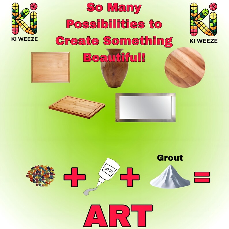 May include: An advertisement with the text "So Many Possibilities to Create Something Beautiful!" features various wooden objects, including cutting boards, a vase, and a round wooden piece. The image also includes a pile of colorful stones, glue, and grout, with the word "ART" at the bottom.