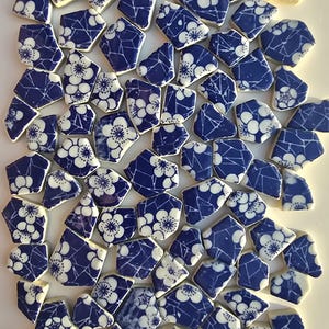 May include: A collection of blue and white ceramic mosaic tiles. Each tile is a unique shape and features a floral design. The tiles are arranged in a random pattern, creating a visually interesting texture. The color palette is a classic combination of blue and white.