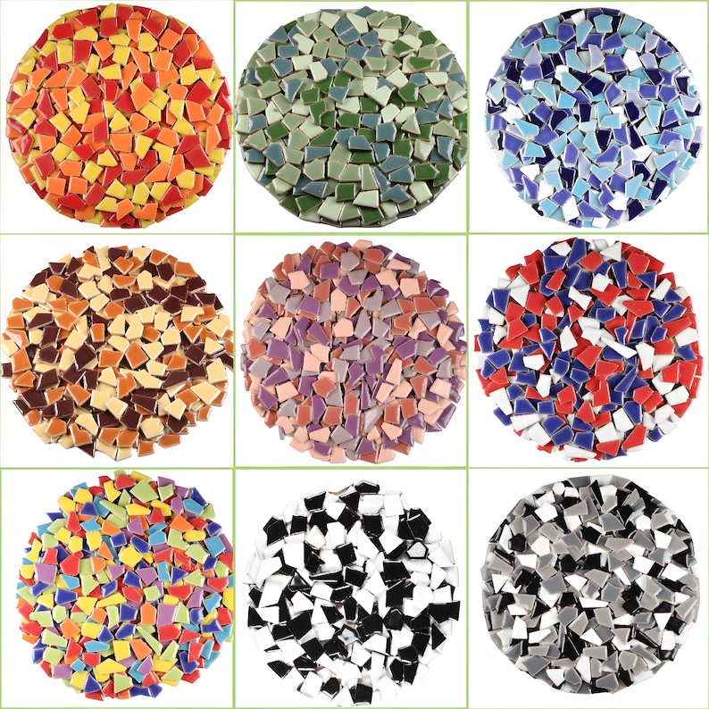 Garden Stepping Stone Creation Material Ceramic Mosaic Tile Craft Supply Kit Outdoor Project DIY Enthusiast Design Irregular Shaped Pieces Red Orange Yellow Glazed Finish Broken China Style Home Improvement Kitchen Backsplash Bathroom
