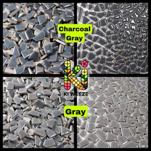 May include: A collection of irregular, glossy ceramic mosaic tiles in charcoal gray and light gray shades. The image displays loose tiles and assembled patterns, featuring the text Charcoal Gray, Gray, and the Ki Weeze logo with a colorful icon.