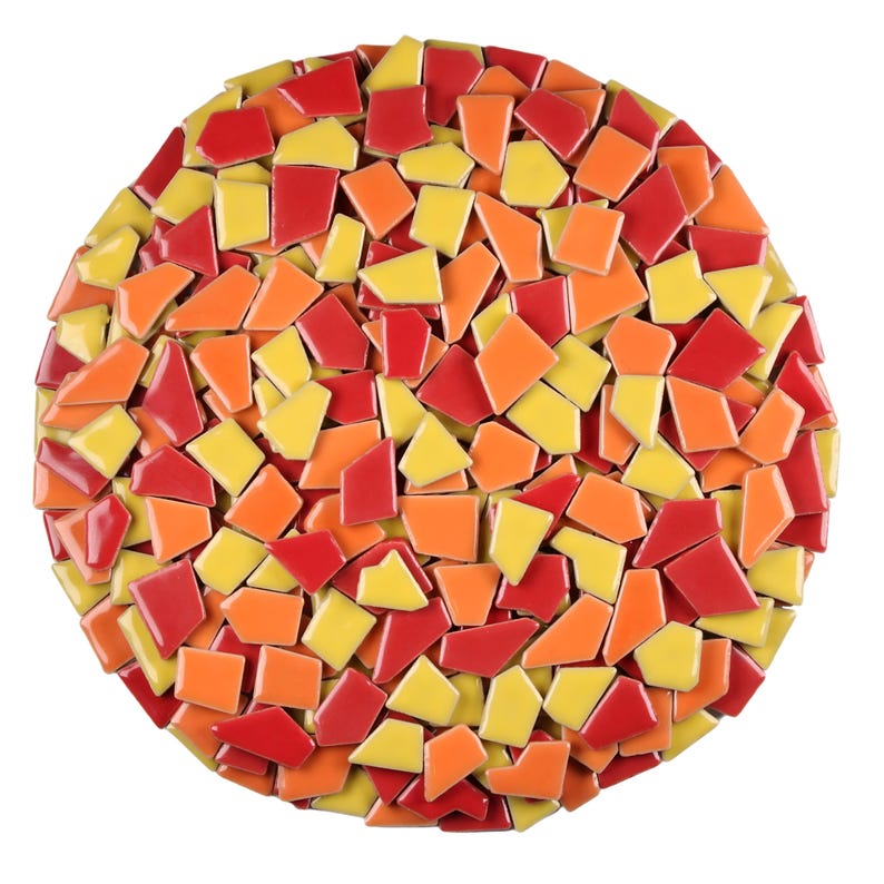 Ceramic Mosaic Tile Craft Supply Kit Material Art Project DIY Enthusiast Creation Handmade Gift Hobby Crafter Irregular Shaped Pieces Red Orange Yellow Color Mix Glazed Finish Broken China Style Home Improvement Kitchen Backsplash Bathroom