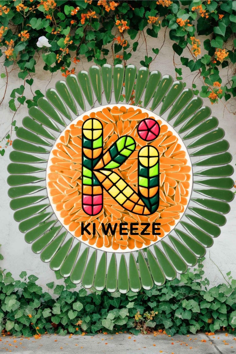 May include: A colorful logo design featuring the text "KI WEEZE" in a vibrant, multi-colored font. The logo is set against a background of orange slices and surrounded by green, leaf-shaped elements. The image is framed by a wall with greenery.