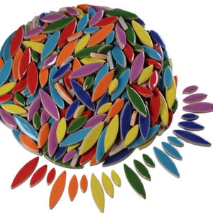 May include: A colorful mosaic art piece composed of numerous, elongated, leaf-shaped tiles. The tiles are arranged in a circular pattern, with a variety of vibrant colors including red, yellow, blue, green, orange, and purple. The design is set against a white background.