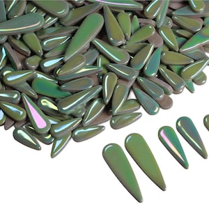 May include: A collection of iridescent green teardrop-shaped glass beads. The beads vary in size and have a glossy finish, reflecting hues of pink, blue, and yellow. Ideal for jewelry making or craft projects.