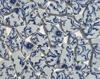 Blue & White Ceramic Mosaic Tiles: Broken Porcelain Pieces, Floral Design (500g)