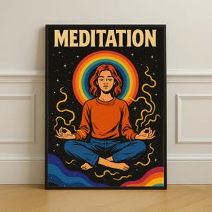 Meditazione Wall Art PDF – Poster di Mindfulness arcobaleno in stile retrò, stampabile, decorazione per la stanza dello yoga spirituale, download digitale A3 verticale