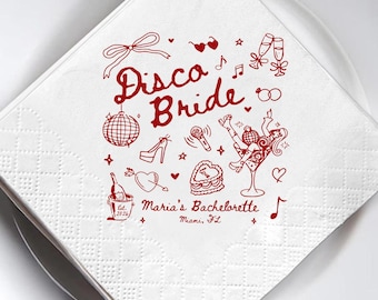 Custom Disco Bachelorette Napkins, Last Disco Beverage Napkins, Dancing Queen, Mamma Mia Bride, Personalized Party Cocktail Napkins
