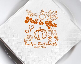 Personalized Fall in Love Bachelorette Napkins, Custom Bride Name and Date, Autumn Pumpkin Bridal Shower Cocktail Napkins