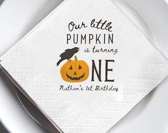 Personalized Little Pumpkin 1st Birthday Napkins, Halloween Fall Party Decor, Pumpkin One, Custom Name Birthday Napkins