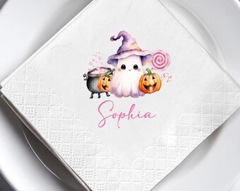 Personalized Ghost Baby Shower Halloween Napkins, Cute Ghost Witch Pumpkin Party Decor, Spooky Girl Birthday, Custom Name Cocktail Napkins