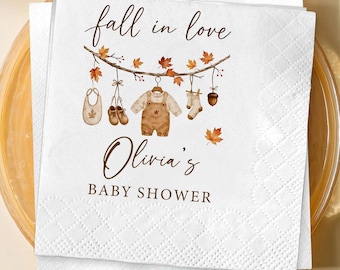 Fall in Love Autumn Baby Shower Napkins, Personalized Fall Party Decor, Neutral Baby Theme, Custom Name Cocktail Napkins