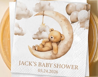 Cute Bear Over the Moon Baby Shower Napkins, Teddy Bear Baby Shower Decor, Neutral Baby Shower Tableware, Moon Stars Theme Party Napkins