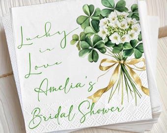 Lucky in Love St Patrick’s Day Bridal Shower Napkins, Clover Party Napkins, Irish Bridal Shower Decor, Green Shamrock Wedding Napkins