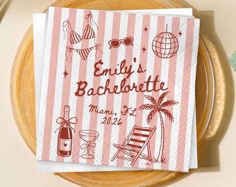 Personalized Miami Bachelorette Napkins, Custom Bride Name Napkins, Pink Beach Cocktail Napkins, Tropical Bach Party Decor