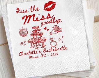Kiss the Miss Goodbye Bachelorette Napkins | Champagne Tower Miami Party
