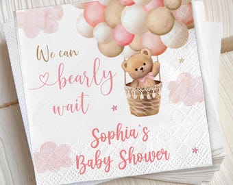 Pink Teddy Bear Hot Air Balloon Baby Shower Napkins, Girl Baby Shower Party Supplies, Cute Bear Balloon Theme Napkins
