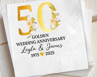 Personalized 50th Anniversary Napkins - Golden Floral, Custom Names