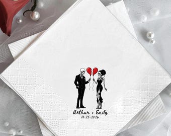 Personalized Skeleton Couple Wedding Napkins, Gothic Halloween Reception, Broken Heart Balloons, Custom Names & Date Napkins