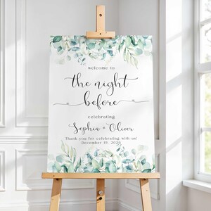 Eucalyptus Rehearsal Dinner Sign, The Night Before Wedding Greenery Welcome Sign, Dinner Printable Poster, One Day Away restaurant sign