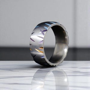 Engraved Titanium Ring: Geometric Color Pattern, Brushed Finish