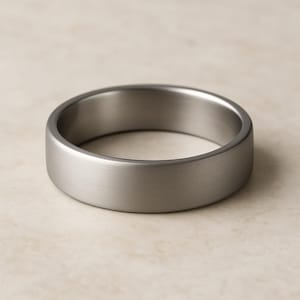 Könnte beinhalten: Ein gebürsteter Silberring mit einem flachen, breiten Band. Der Ring hat eine glatte, matte Oberfläche und ein schlichtes, modernes Design. Dieses Schmuckstück ist für den täglichen Gebrauch geeignet.
