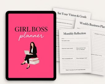 May include: A digital planner with a pink background and the words "GIRL BOSS planner." The image includes a graphic of a person sitting on books with a laptop, and several printable planning sheets.
