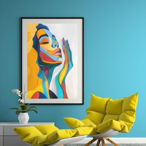 Ritratto di donna astratta colorata, IA, arte murale spirituale a strati, volto in preghiera, poster sacro femminile per meditazione e arredamento per la casa