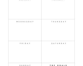 May include: A minimalist weekly planner with a white background. The text "Weekly Planner" is at the top. The planner is divided into seven days, with space for "Top Goals" at the bottom. The days of the week are labeled: Monday, Tuesday, Wednesday, Thursday, Friday, Saturday, and Sunday.