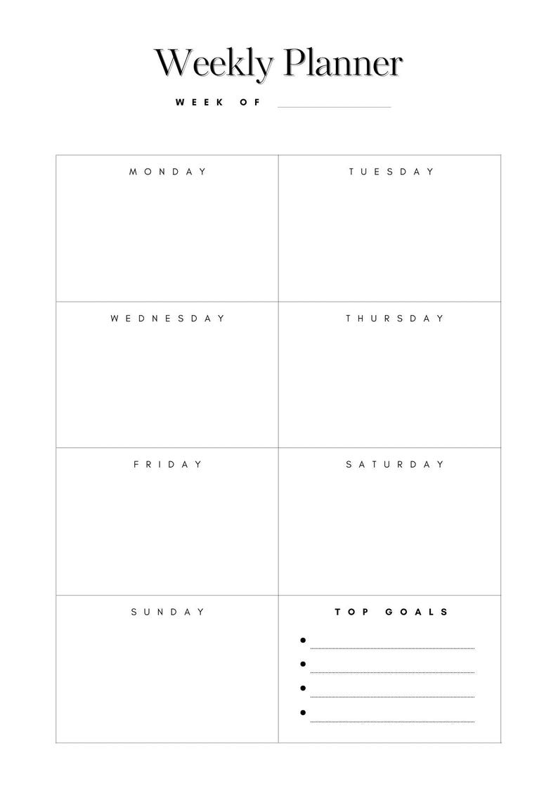 以下が含まれることがあります： 白地のミニマリストな週間プランナー。上部に「Weekly Planner」の文字。プランナーは7日間に分かれており、下部には「Top Goals」のスペースがあります。曜日は月曜日、火曜日、水曜日、木曜日、金曜日、土曜日、日曜日と表示されています。