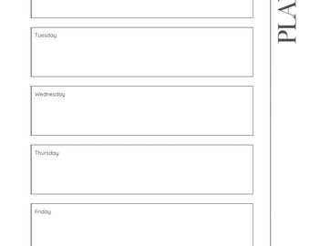 May include: A white weekly planner with a simple design. The planner includes sections for each day of the week, labeled Monday through Weekend. The word "weekly" is written in a cursive font, and "PLANNER" is written vertically.