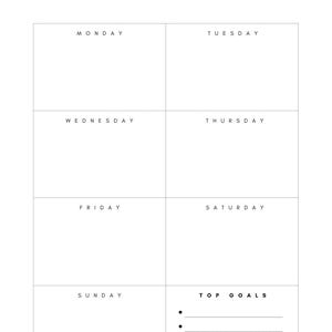 以下が含まれることがあります： 白地のミニマリストな週間プランナー。上部に「Weekly Planner」の文字。週の各曜日がボックスにリストされ、メモスペースがあります。「Top Goals」のセクションもあります。