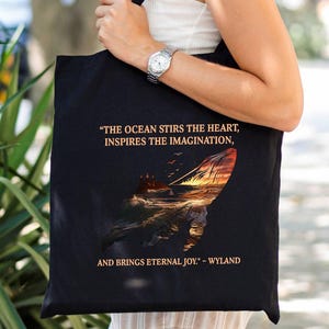 Inspirująca torba z płótna bawełnianego Black Book - „Ocean wzrusza serce”, prezenty urodzinowe inspirowane naturą