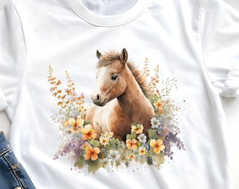 Flowered Baby Horse Pony Tshirt, Nature Lover Shirt, Gift for Horse Enthusiasts, Cottagecore Flowering Tee