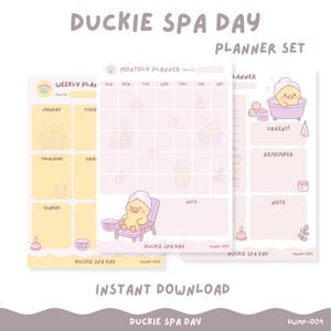 Conjunto de Agenda para Imprimir Duckie Spa Day com Animais Fofos – Diário, Semanal e Mensal | A4 e Carta EUA | Download Imediato