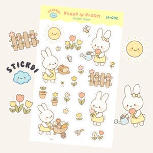 Bunny in Bloom Sticker Sheet | Cute Garden Rabbit Planner Stickers | Waterproof | Sticker
