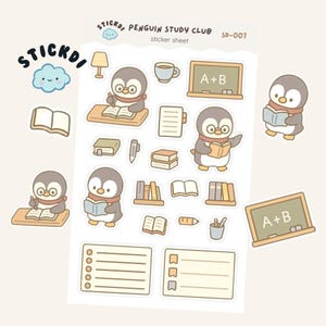 Hoja de pegatinas para bolsas del Club de Estudio de Pingüinos / Bonitas pegatinas para planificador de compras de pingüinos escolares / Impermeables / Pegatinas