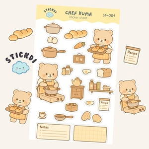Adesivos do Chef Kuma | Adesivos fofos para agenda de ursos | À prova d'água | Adesivo