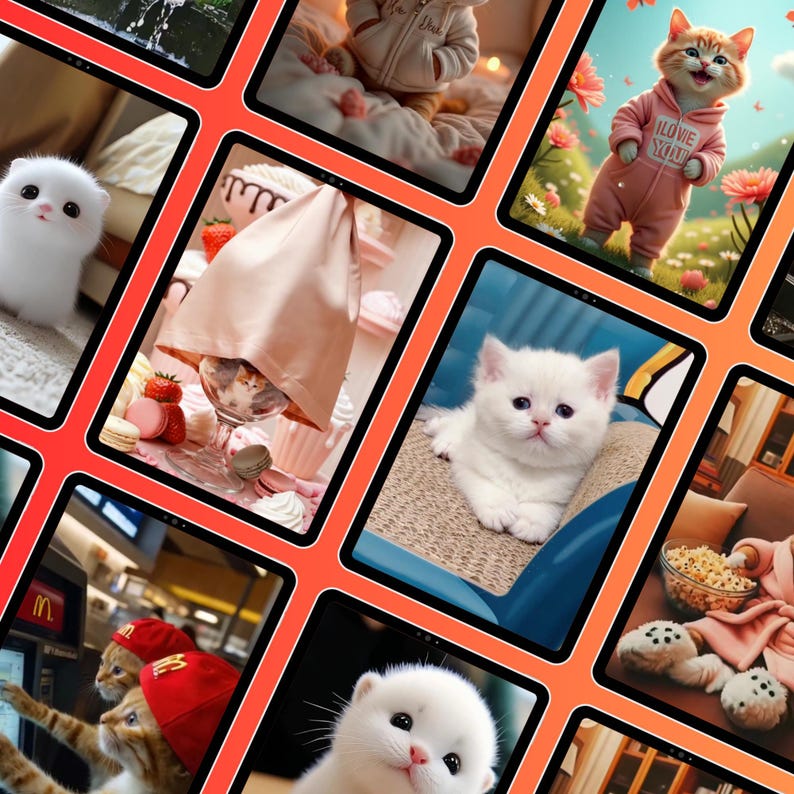 Peut inclure: Un collage d'images mettant en scène d'adorables chats dans divers contextes. Une image montre un chaton blanc, une autre un chat en sweat à capuche rose avec le texte "I love you", et d'autres avec des chats avec des chapeaux et près de desserts.