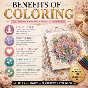 May include: A spiral-bound coloring book featuring a detailed floral mandala design in shades of purple, pink, and green. The page includes text titled BENEFITS OF COLORING, listing points on stress, focus, relaxation, creativity, and mindfulness.