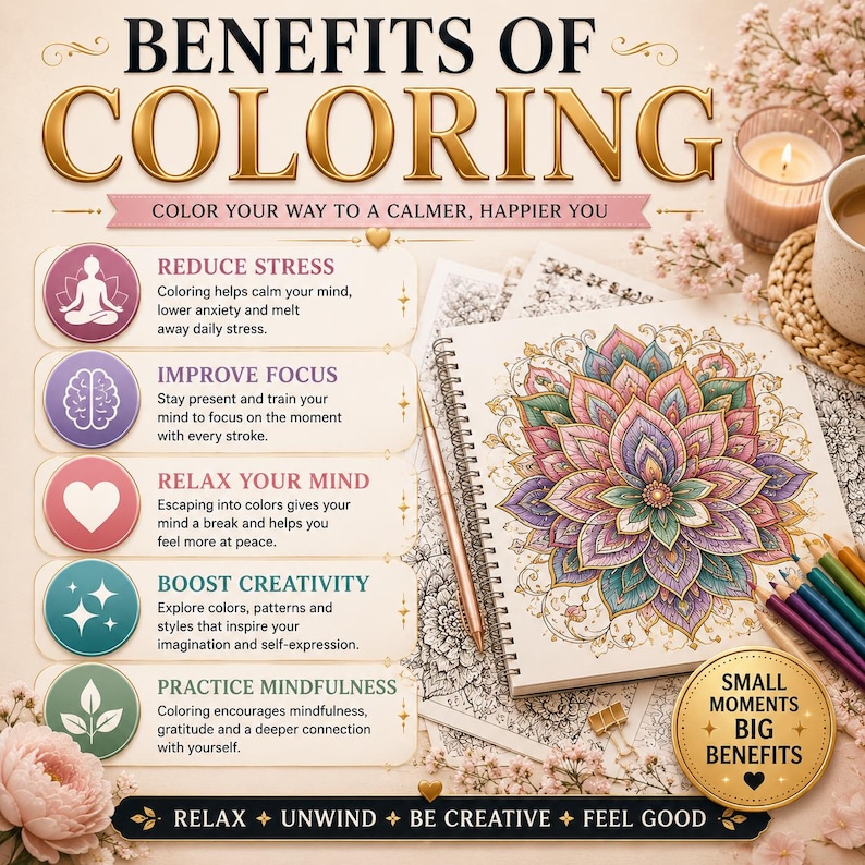 May include: A spiral-bound coloring book featuring a detailed floral mandala design in shades of purple, pink, and green. The page includes text titled BENEFITS OF COLORING, listing points on stress, focus, relaxation, creativity, and mindfulness.