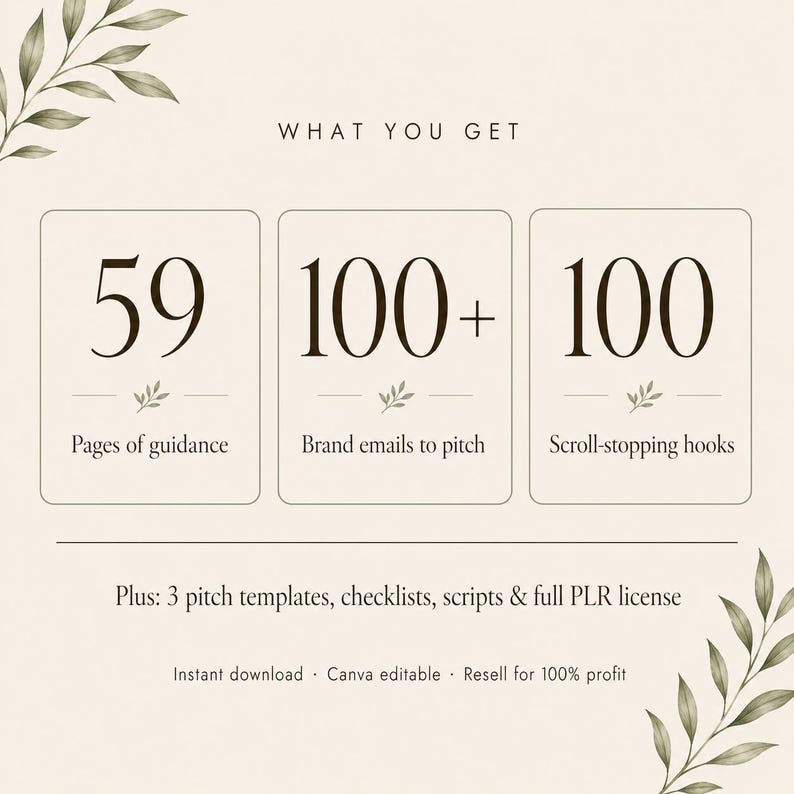 May include: A beige graphic with the text "WHAT YOU GET" at the top. It features three rectangular boxes with the numbers 59, 100+, and 100, each with a description below. Additional text includes "Plus: 3 pitch templates..." and "Instant download..."