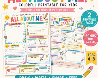 All About Me Printable for Kids, Back to School Worksheet, First Day of School Activity, Student Keepsake, Favourites Time Capsule Printable