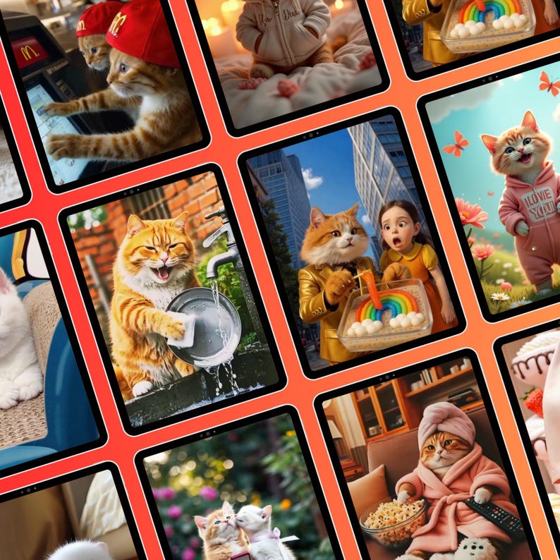 Peut inclure: Une collection d'art numérique mettant en scène des chats anthropomorphes dans diverses situations. Certains chats portent des vêtements, utilisent des ordinateurs ou interagissent avec des objets. Les images présentent des arrière-plans variés.