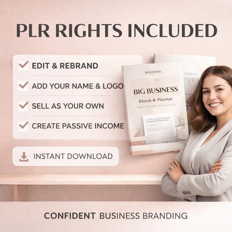 May include: A digital product listing featuring the text PLR RIGHTS INCLUDED, EDIT & REBRAND, ADD YOUR NAME & LOGO, SELL AS YOUR OWN, CREATE PASSIVE INCOME, INSTANT DOWNLOAD, and CONFIDENT BUSINESS BRANDING, alongside a Big Business Ebook & Planner.