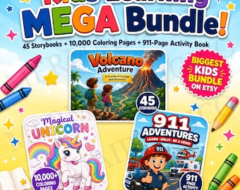 May include: A colorful digital bundle for kids, featuring storybooks, coloring pages, and an activity book. The image includes the text "Kids Learning MEGA Bundle!" and illustrations of a volcano, a unicorn, and emergency services.