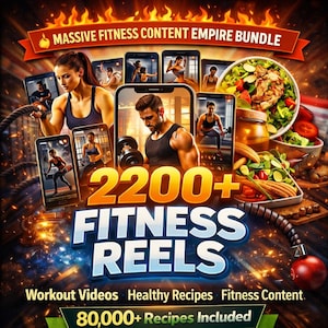 Pacchetto Fitness Content Empire / Oltre 2200 rulli per palestra, video di allenamento, 80.000 ricette di fitness / Prodotto digitale PLR MRR / Corso di alimentazione sana