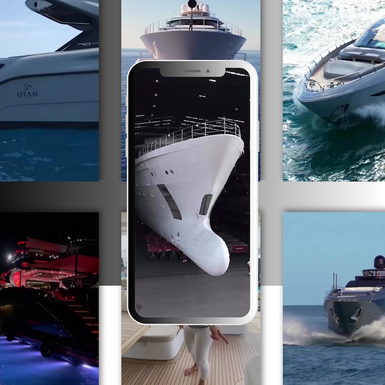 Peut inclure: Un collage d'images pr&eacute;sentant des yachts de luxe. Les images pr&eacute;sentent diff&eacute;rents angles des yachts, y compris des gros plans des coques, des ponts et des int&eacute;rieurs. Les yachts sont dans diff&eacute;rents environnements, y compris l'eau libre et un chantier naval.