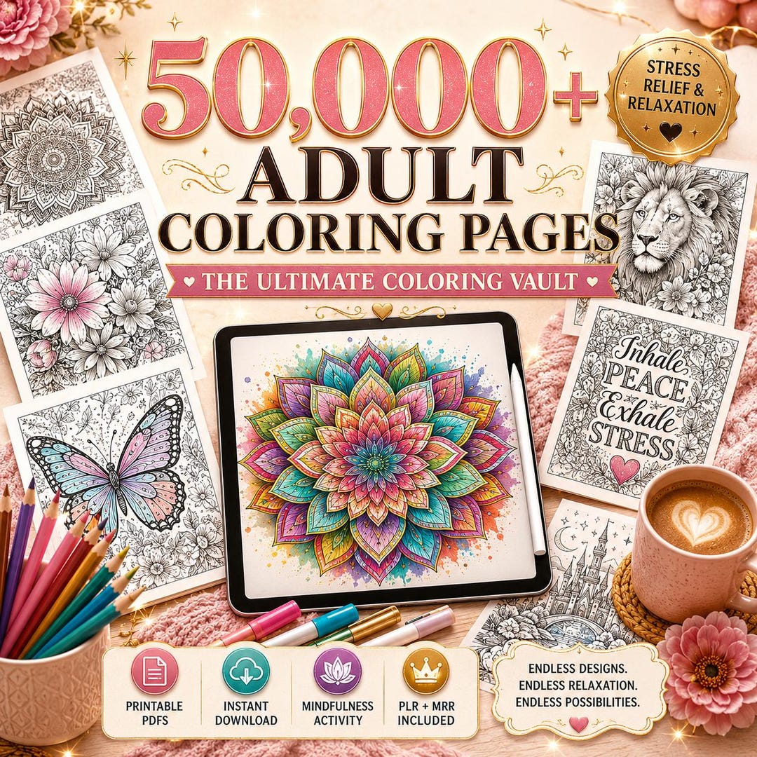 50,000+ Adult Coloring Pages Bundle, Mandala Coloring Book Collection, Printable Stress Re