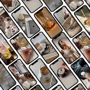 May include: A collage of smartphone screens displaying various lifestyle scenes including iced coffee, a laptop, a person taking a mirror selfie, wine glasses, and a cappuccino, all arranged in a grid pattern with a black border separating each screen.
