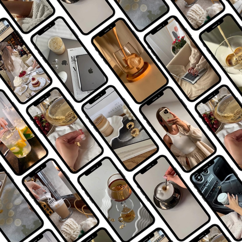 May include: A collage of smartphone screens displaying various lifestyle scenes including iced coffee, a laptop, a person taking a mirror selfie, wine glasses, and a cappuccino, all arranged in a grid pattern with a black border separating each screen.